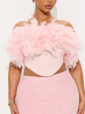 Pink Feather Off-Shoulder Crop Top